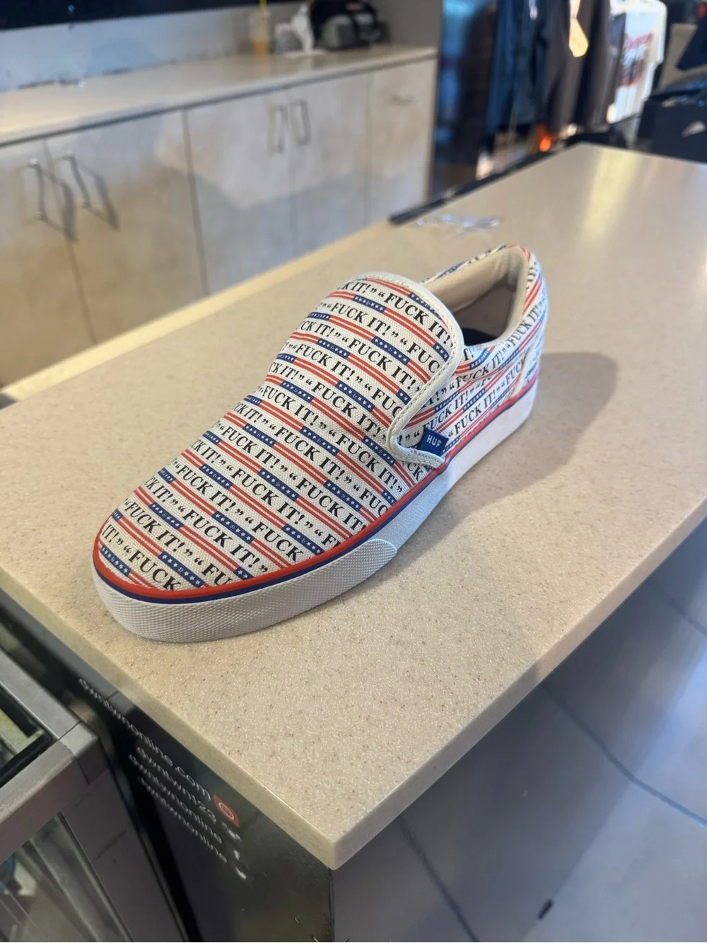 Men's Slip-On Canvas Sneaker in White/Red Stripe